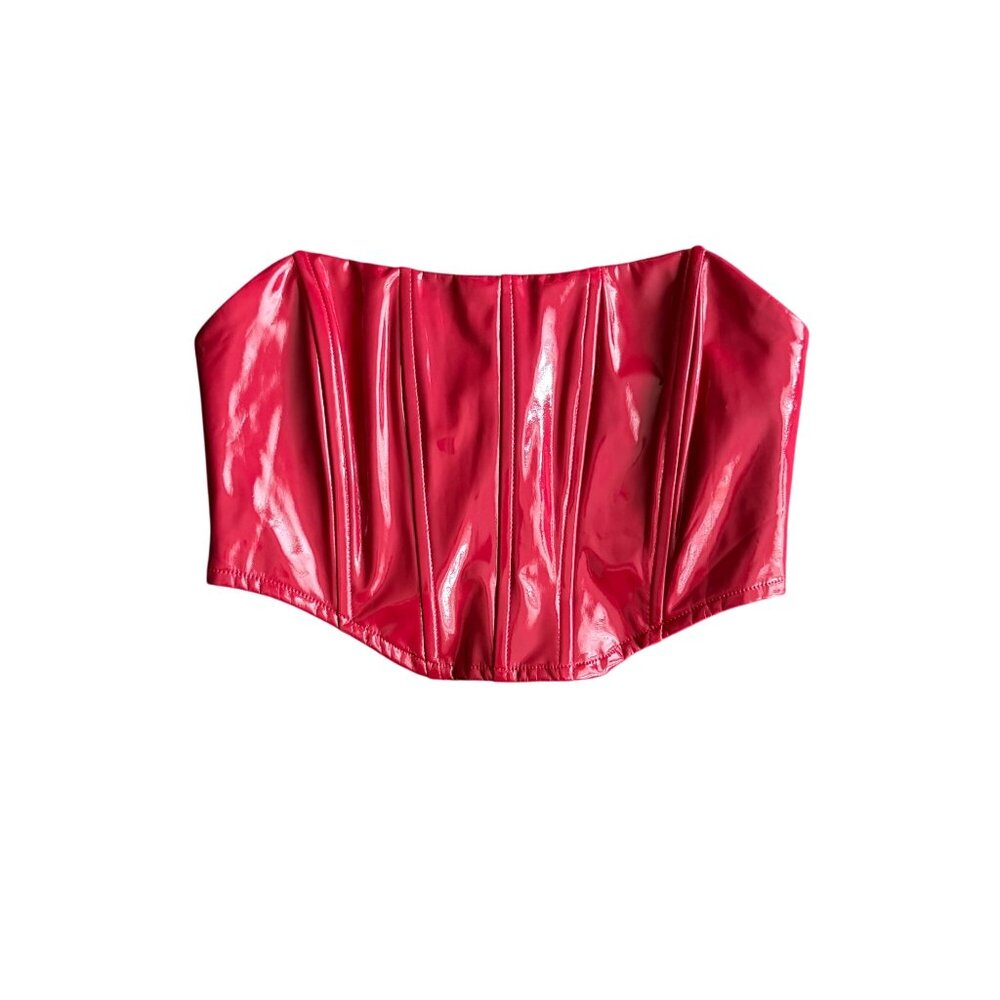 Red Patent Faux Leather Strapless Corset Top With Back Zipper Closure